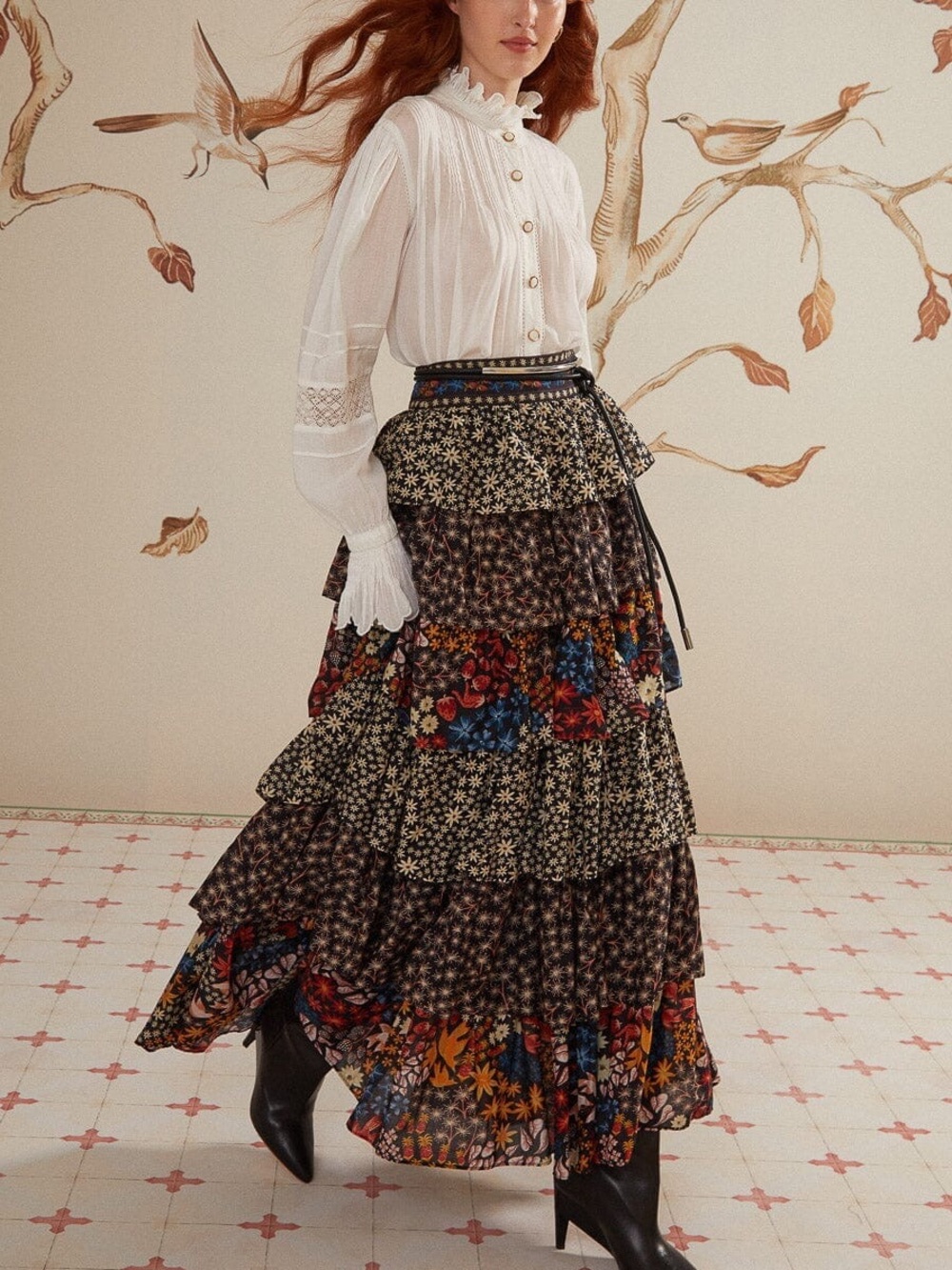 FARM Rio Black Jujus Garden Tiered Ruffle Floral Midi Skirt Small 57199 - Picture 3 of 11